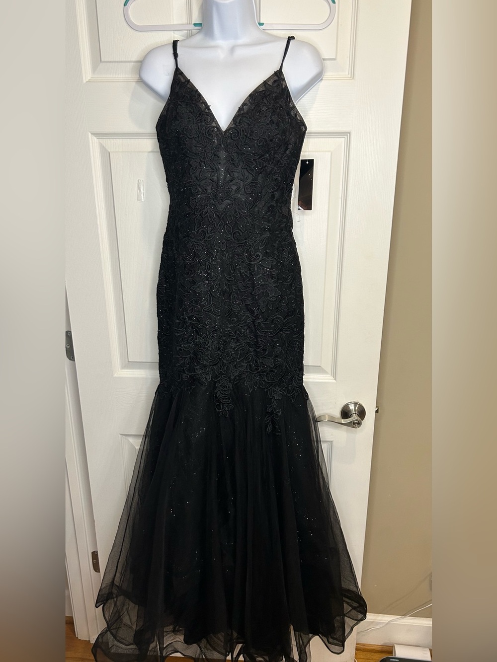 Xscape Black Lace & Tulle Mermaid Prom Dress